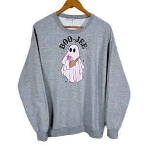 BOO-JEE Halloween Sweat Shirt Women’s L Oversized Ghost Spooky Gray Pink Fall